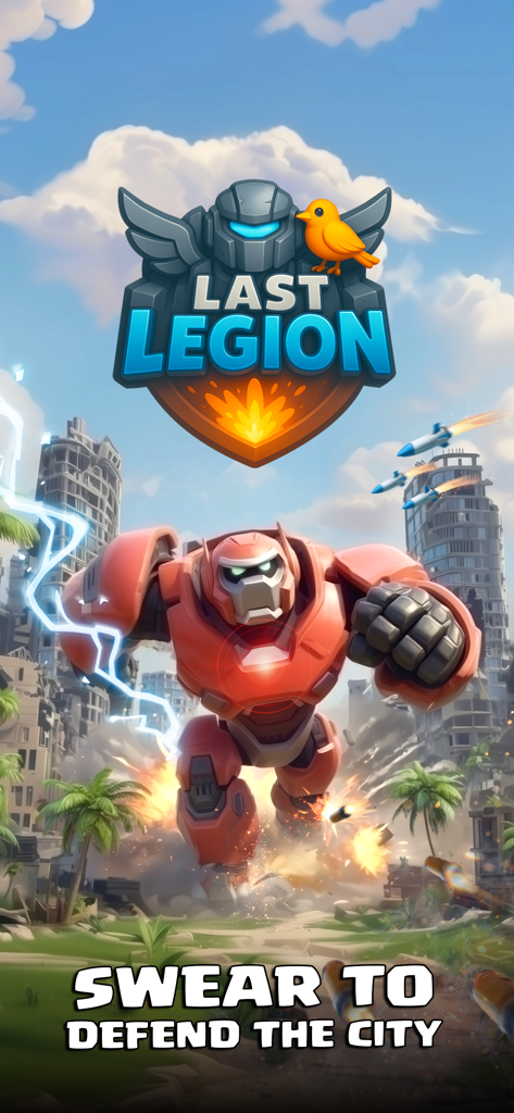 Last Legion: Tower Defense TD - A giant red mecha robot defending a ruined city in the Last Legion Tower Defense game.