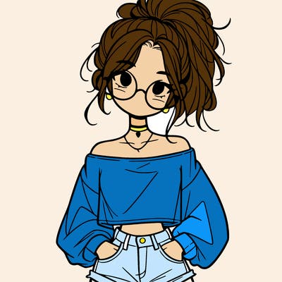 girl with a messy ponytail glasses a baggy crop top and jean shorts