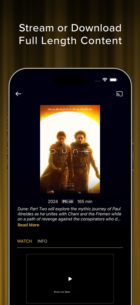 WBFYC Screeners - Screenshot of the WBFYC Screeners app displaying movie details for Dune Part Two with options to stream or download.