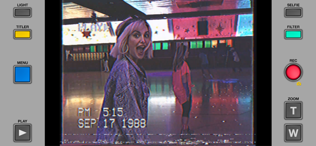 Rarevision VHS Lite app interface showing a retro video recording of a roller rink with an 80s filter and timestamp