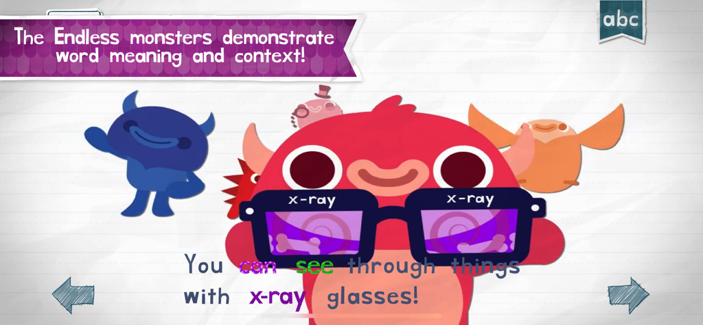 Un monstruo colorido usando gafas de rayos X para demostrar el significado de la palabra y el contexto en una oración.