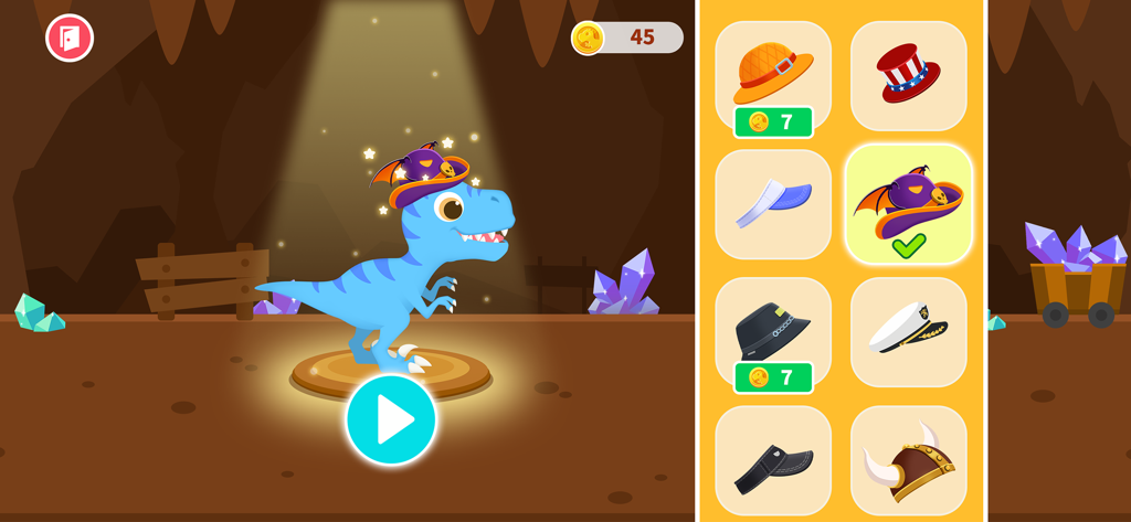 Un dinosaure bleu en dessin animé portant un chapeau de chauve-souris violet dans un menu de personnalisation de personnage avec diverses options de chapeaux.