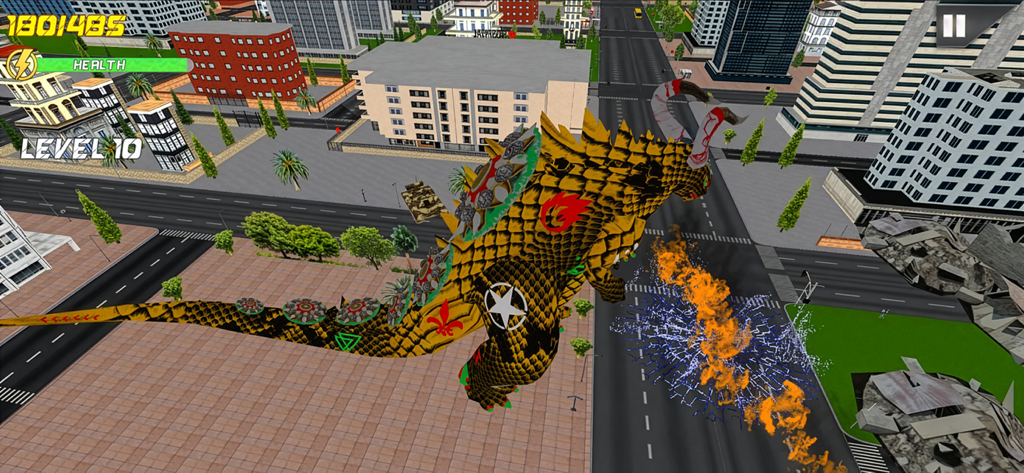A giant golden monster with tattoos rampaging through a city street with fire effects in a mobile game