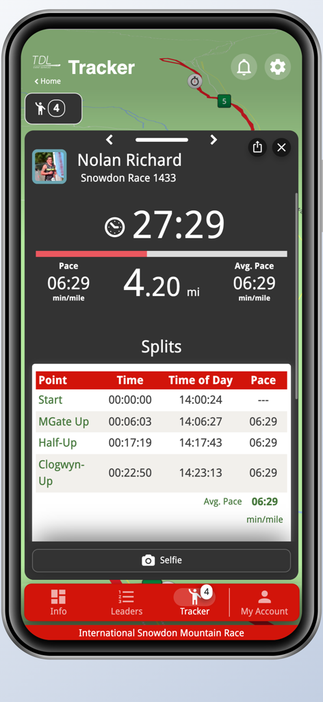 TDL Event Services - Real-time runner tracking screen in the TDL Event Services app showing race splits and pace.