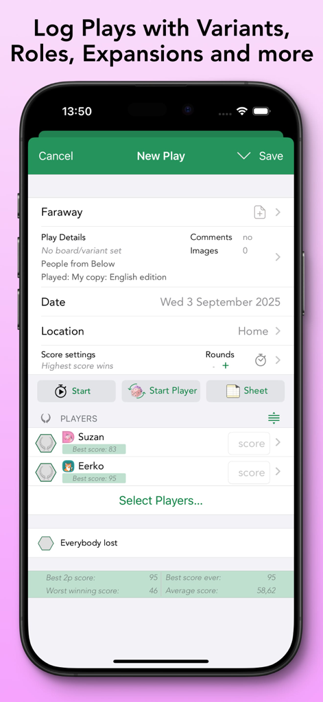 Board Game Stats - Interface of the Board Game Stats app for logging a new play session including players, locations, and score settings.