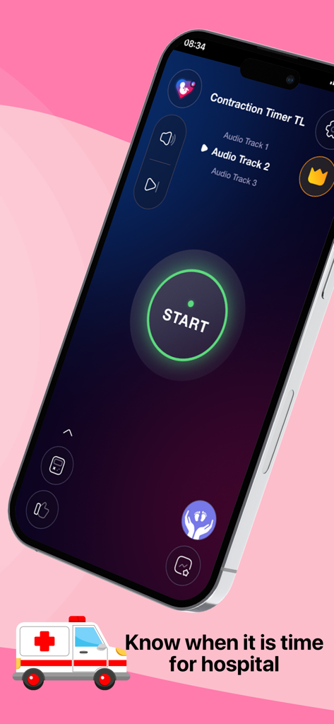 Contraction Timer · - Pantalla del iPhone mostrando la interfaz de la aplicación Contraction Timer con un botón de inicio y una notificación sobre cuándo ir al hospital.