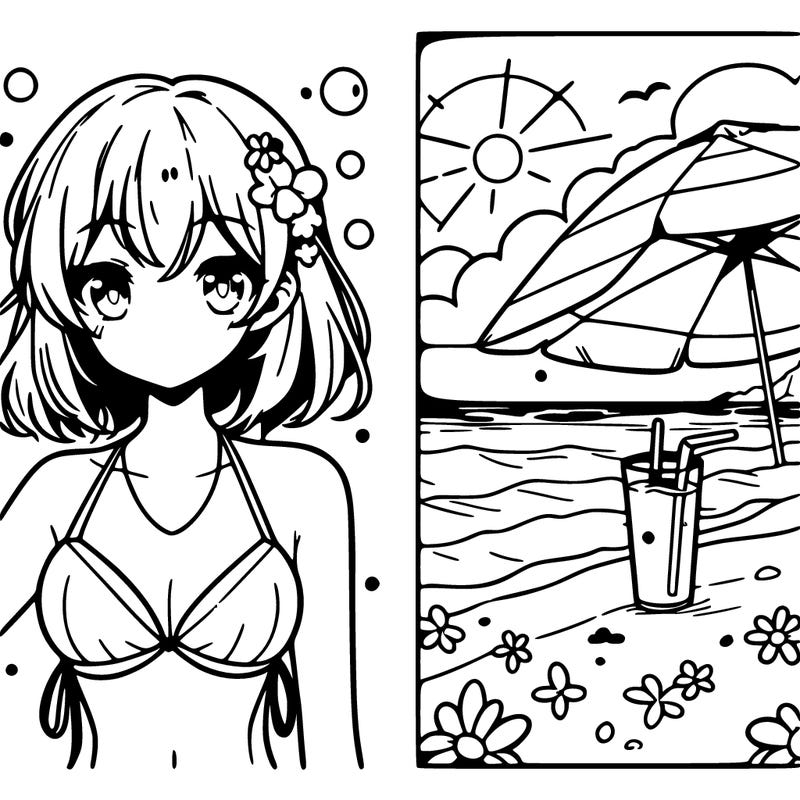 anime girl in a swimsuit at the beach