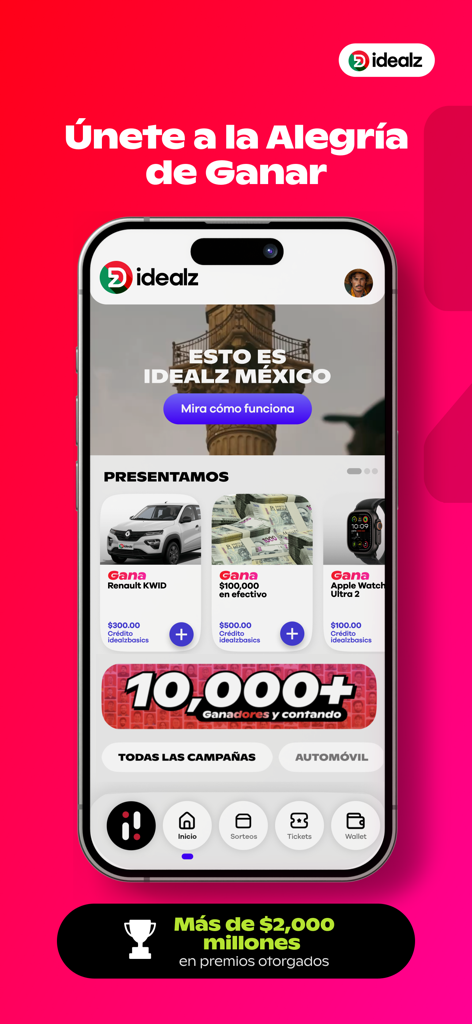 Idealz | Mexico - App mobile Idealz Messico che mostra premi di lusso come un'auto e premi in denaro