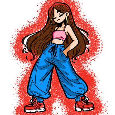 girl in baggy pants crop top and long hair