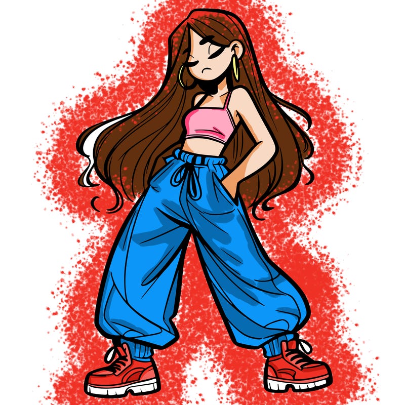 girl in baggy pants crop top and long hair
