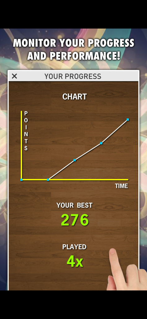 Spelling Master PRO의 라인 차트로 시간이 지남에 따른 포인트와 276점의 높은 점수를 보여줍니다.