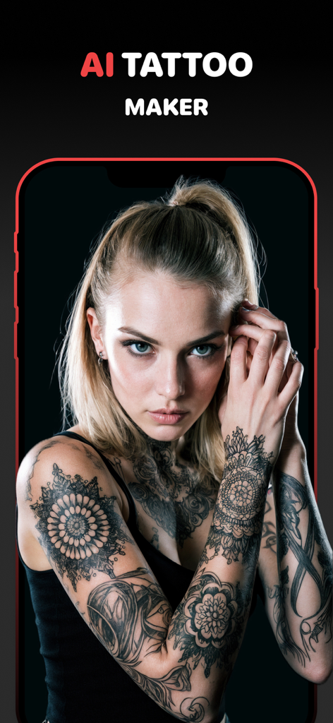 Tattoo Design & Ideas: Tattrix - Una mujer con múltiples tatuajes en los brazos y el cuello usando la aplicación Tattrix AI tattoo maker