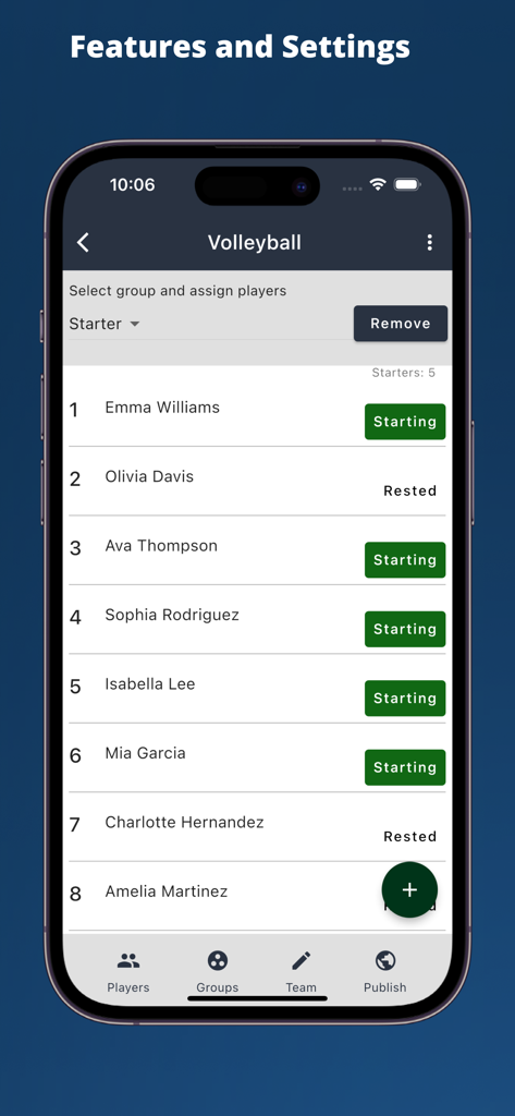 Team Sheets app interface displaying a volleyball roster with player names jersey numbers and starter status