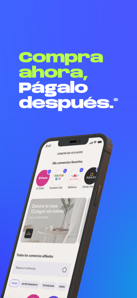 Crediviva - Interfaz de la aplicación móvil Crediviva que muestra tiendas minoristas afiliadas y el eslogan 'compra ahora, paga después' en español