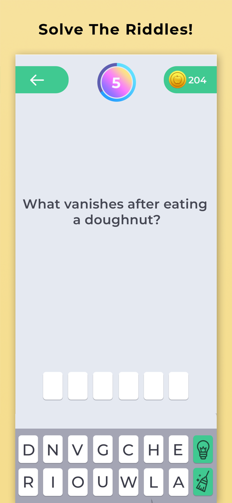 Mobile game interface showing a riddle asking what vanishes after eating a doughnut