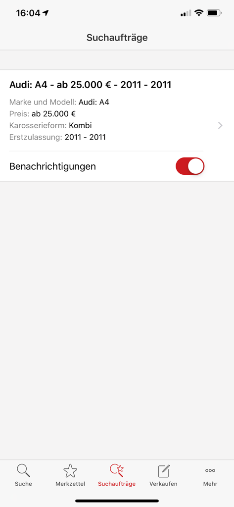 Agente de búsqueda guardado para un Audi A4 en la app móvil gebrauchtwagen.at con notificaciones activas
