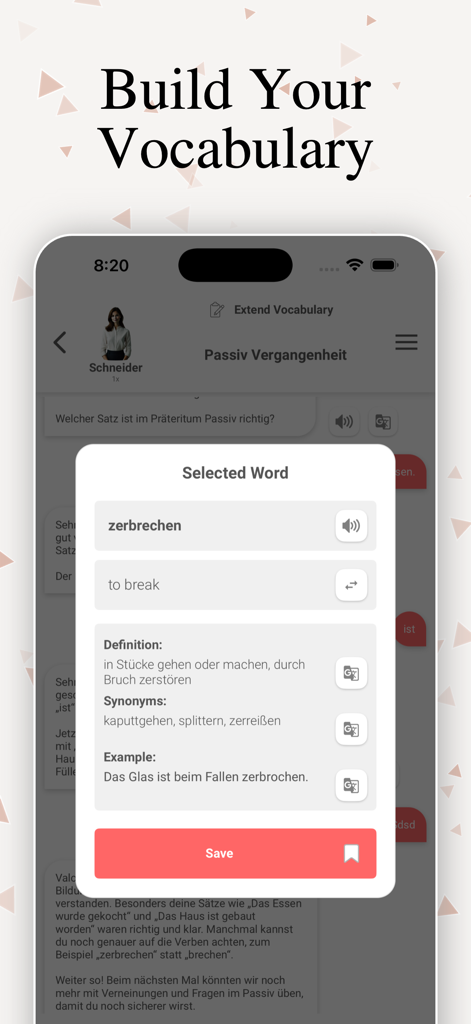 Une interface d'application mobile de SprechenAI affichant des définitions de vocabulaire allemand, des synonymes et des exemples de phrases