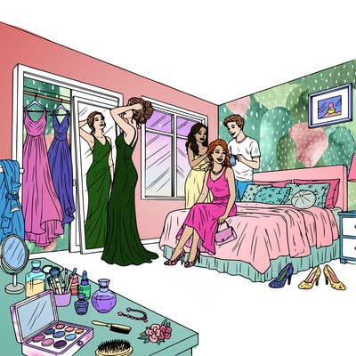 *a cozy bedroom scene where a group of teens prepare for prom together. one teen stands in front of a mirror adjusting their hair while wearing a long formal dress. another sits on the bed putting on dress shoes while holding a small purse. a friend helps place a necklace while they chat and smile.*

*the room has a vanity table with makeup brushes, perfume bottles, and a jewelry box. dresses hang on the closet door and a few garment bags rest over a chair. on the bed are pillows, dress shoes, and small accessories.*

*include details like a corsage on the dresser, hairbrushes, mirrors, soft fabric textures, and evening light coming through the window so there are **nice details for coloring without making the scene crowded.***