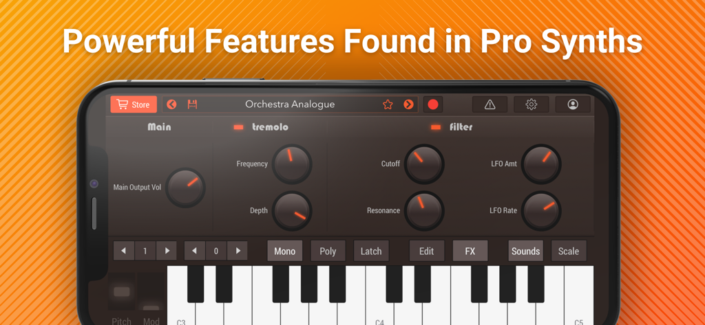 Une interface d'application mobile montrant des contrôles de synthétiseur professionnels et un clavier de piano numérique