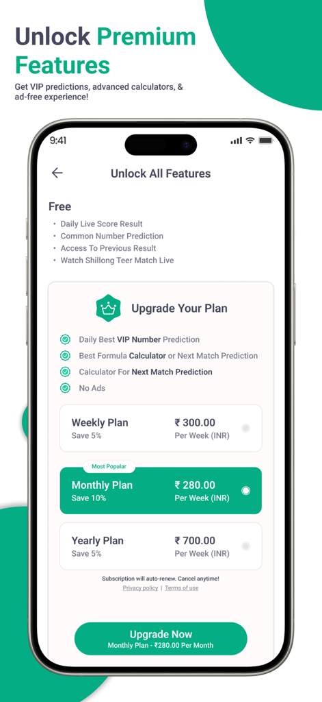 Shillong Teer Results Daily - Upgrade plan screen in the Shillong Teer app showing weekly monthly and yearly subscription options for VIP features.