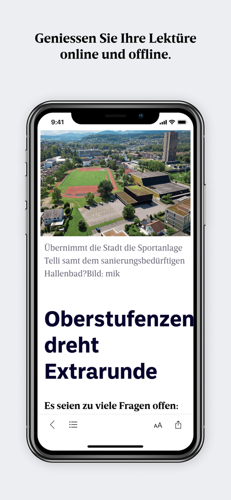 Aargauer Zeitung E-Paper - Smartphone screen displaying the Aargauer Zeitung E-Paper app with a news article and the text Geniessen Sie Ihre Lektüre online und offline