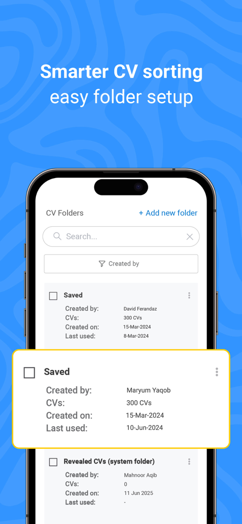 Bayt.com for Employers interface for managing candidate CV folders and sorting