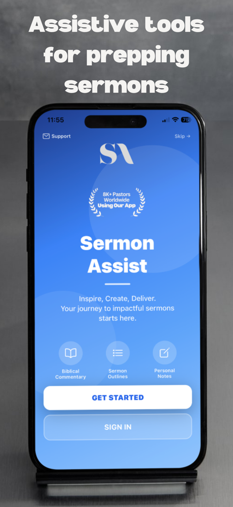 Sermon Assist - Pantalla de inicio de la aplicación Sermon Assist que muestra herramientas para la preparación de sermones y comentarios bíblicos