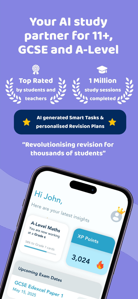 Flash Learning - Flash Learning mobile app dashboard showing A-Level Maths progress, XP points, and AI-generated study tasks.