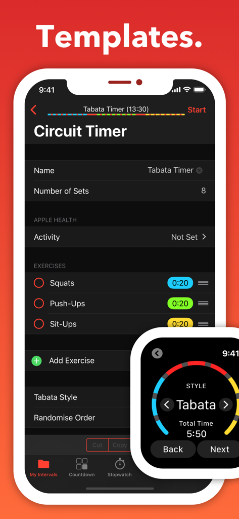 Seconds Pro Interval Timer - Seconds Pro app showing circuit timer templates on iPhone and Apple Watch
