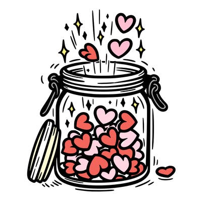 a jar filled with glowing hearts slowly opening and releasing them.