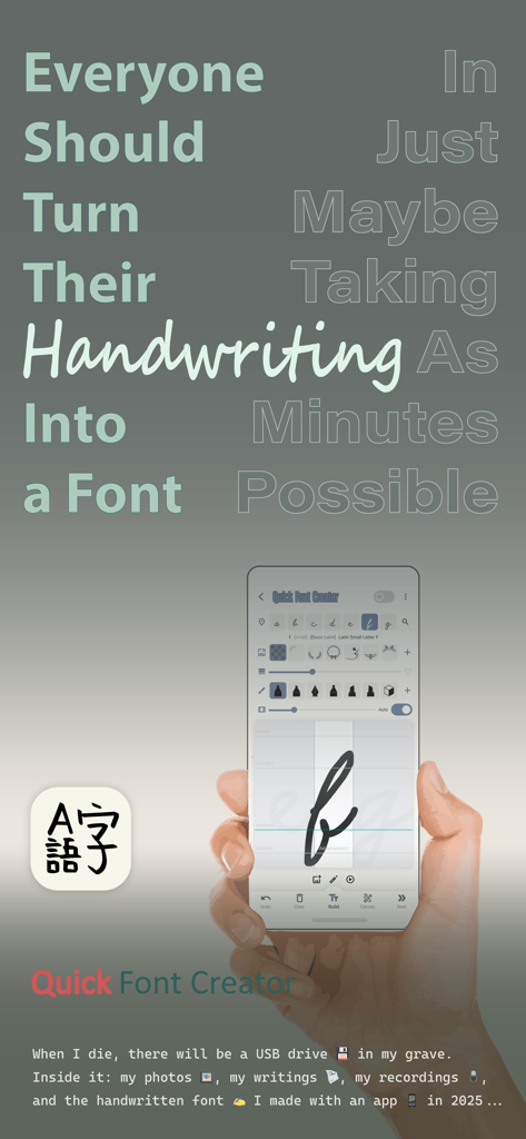 Quick Font Creator - A person using a smartphone to turn their handwriting into a digital font with the Quick Font Creator app
