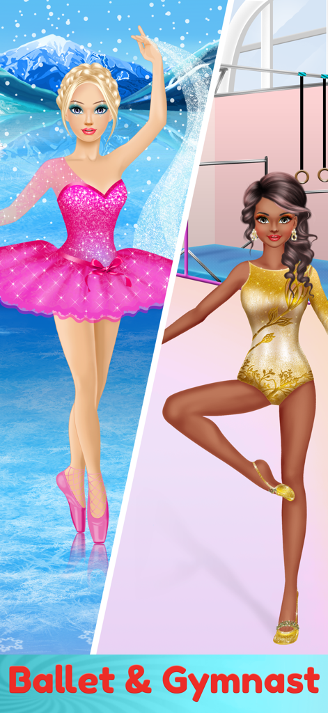 Dress Up & Makeup Girl Games - Una bailarina de ballet en un tutú rosa y una gimnasta en un maillot dorado de un juego de vestir para niñas