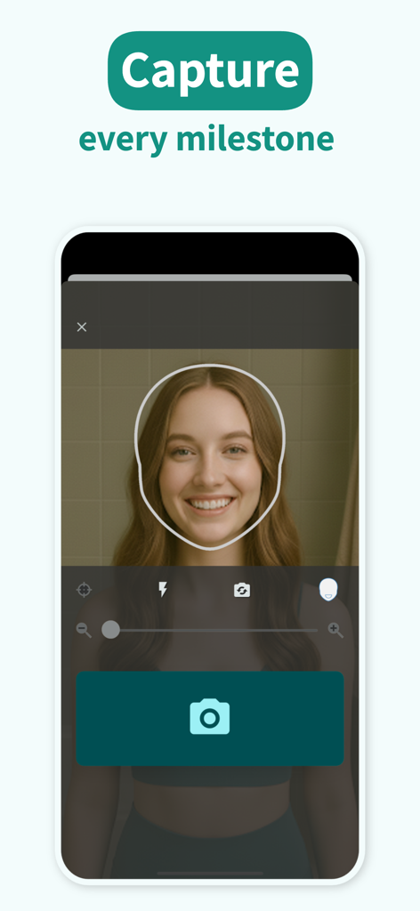 TrayMinder - A woman using the TrayMinder app's guided photo feature to capture a selfie of her smile for progress tracking.