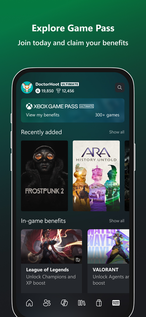 Xbox - Oberfläche der Xbox-App mit dem Game Pass-Spielekatalog und Abonnenten-Vorteilen