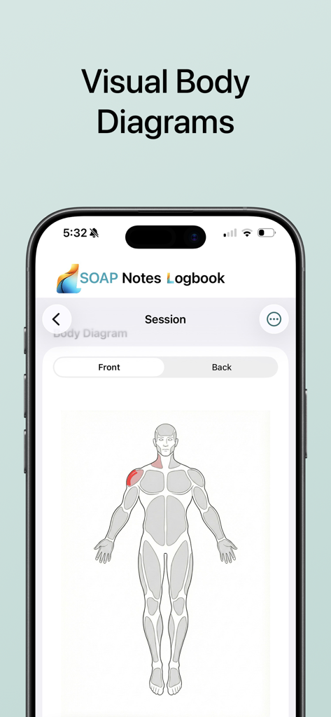 SOAP Notes Logbook - Interface of the SOAP Notes Logbook app showing an interactive anatomical body diagram for documenting massage therapy sessions