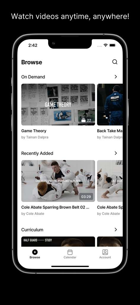 Interface of the AOJ plus app showing browse categories for Brazilian Jiu Jitsu technique videos and curriculum