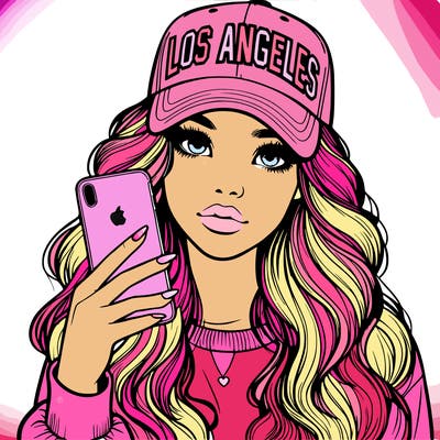 realistic beautiful girl wearing los ángeles cap holding an iphone