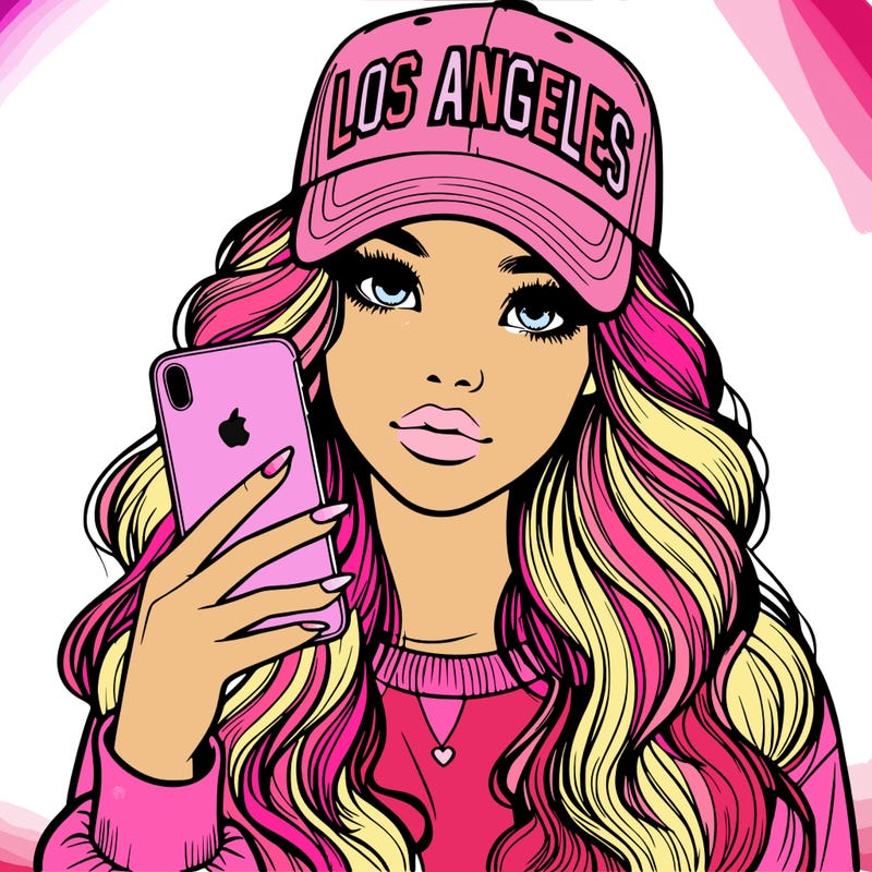 realistic beautiful girl wearing los ángeles cap holding an iphone