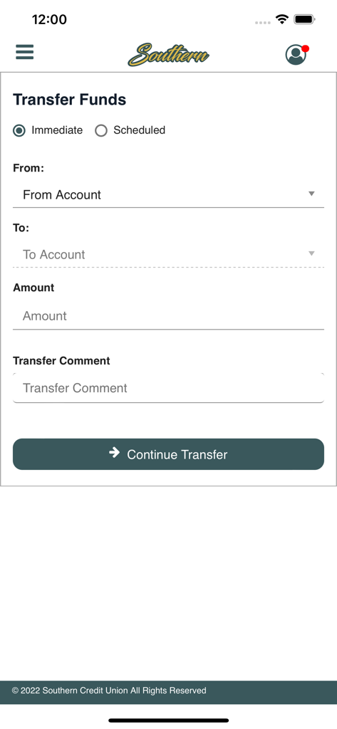 Southern Credit Union - Southern Credit Union mobile app interface for transferring funds between accounts