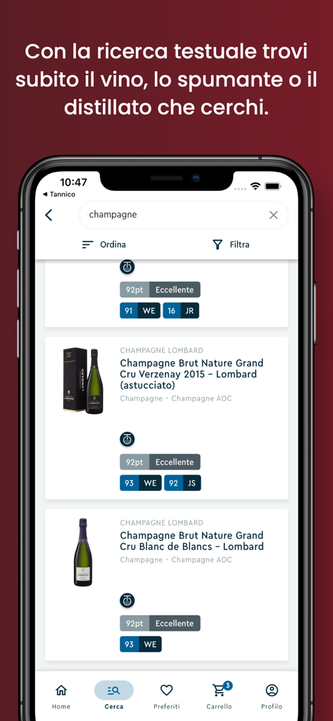 Tannico – Attività Commerciali - Interfaccia dell'app mobile Tannico B2B che mostra i risultati di ricerca di champagne con immagini delle bottiglie e valutazioni della critica