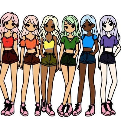 a group of girls wearing crop tops and shorts