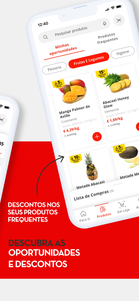 Interface of the Continente Siga app showing promotional offers and discounts on grocery items like mangoes and pineapples.