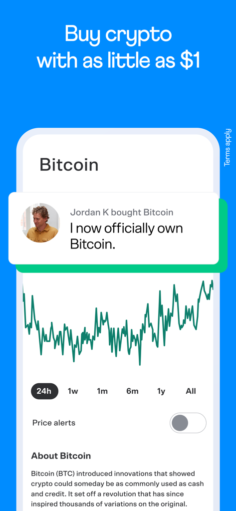 Venmo app interface showing a bitcoin price chart and social payment activity for cryptocurrency