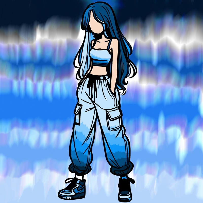 girl in baggy pants crop top and long hair