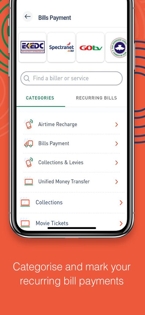 TITAN TRUST MOBILE BANKING - Titan Trust Mobile Banking app screen showing bills payment categories and recurring bill management options.