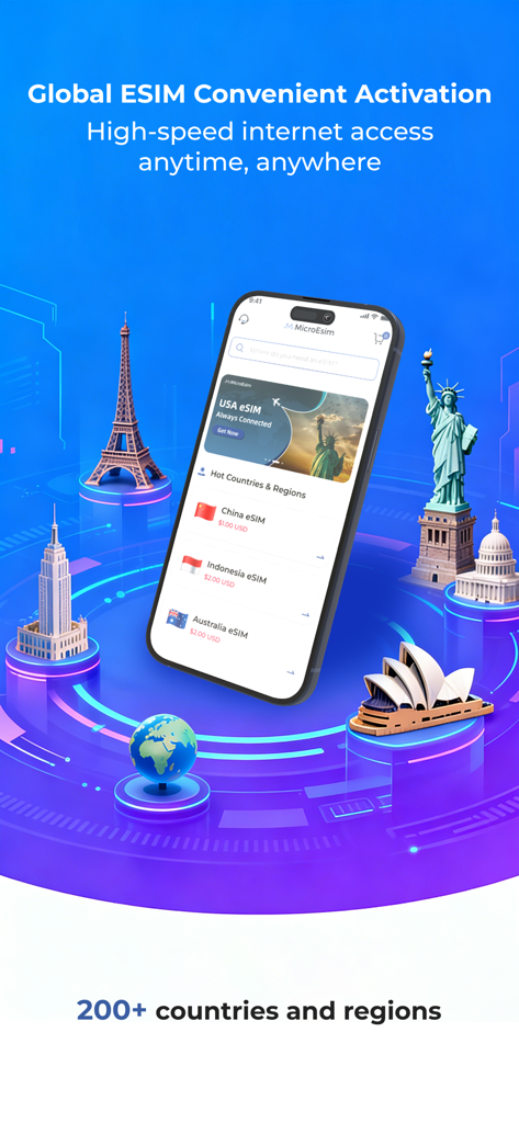 MicroEsim mobile app showing global eSIM data plans for 200 plus countries