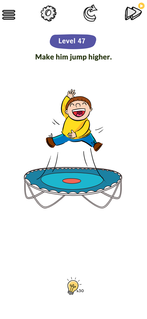 Ein Cartoon-Junge springt auf einem Trampolin in Level 47 der Brain Tricks Gehirntrainings-App