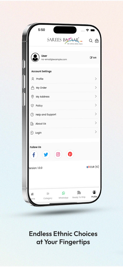 Sarees Bazaar - Ethnic Store - User profile and account settings screen of the Sarees Bazaar ethnic wear app