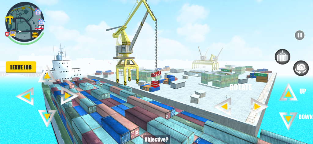 Urban Hustler: Job Simulator - Crane operator gameplay at a shipping port in Urban Hustler Job Simulator
