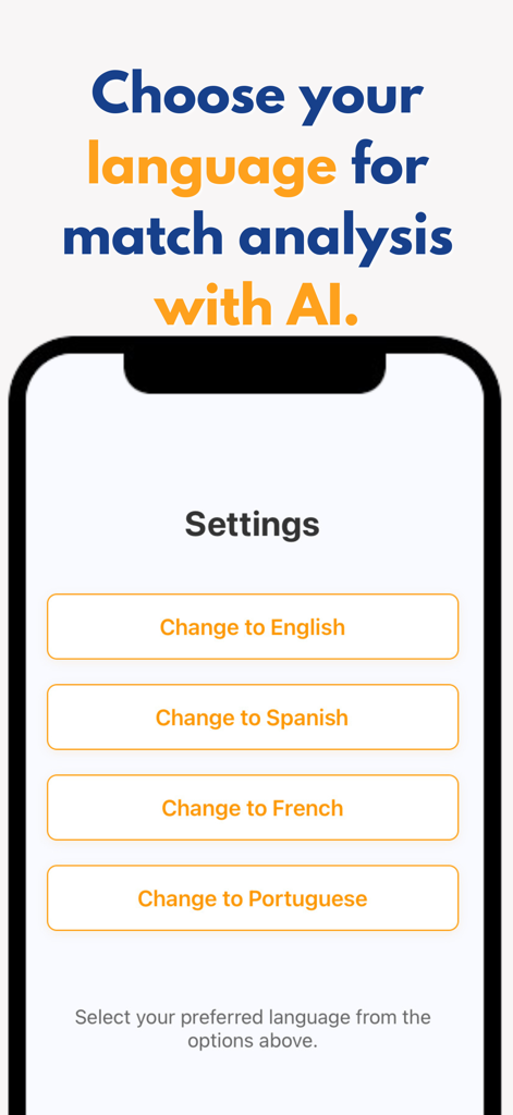 basketball Stats - Hoop IQ - Language selection screen in the Hoop IQ app showing English Spanish French and Portuguese options for AI match analysis